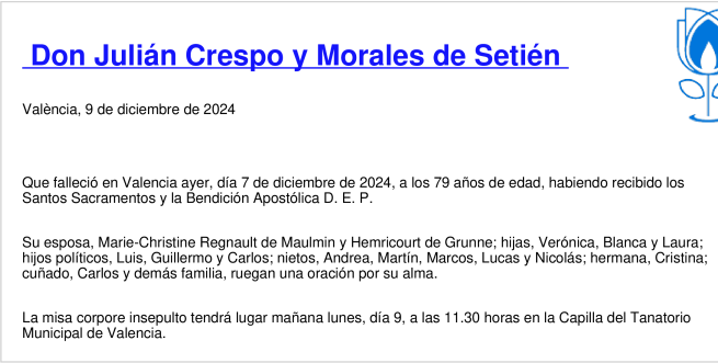 Esquela de Julián Crespo Y Morales De Setién